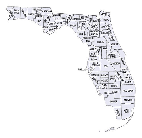 A map of Florida's counties with counties labeled.